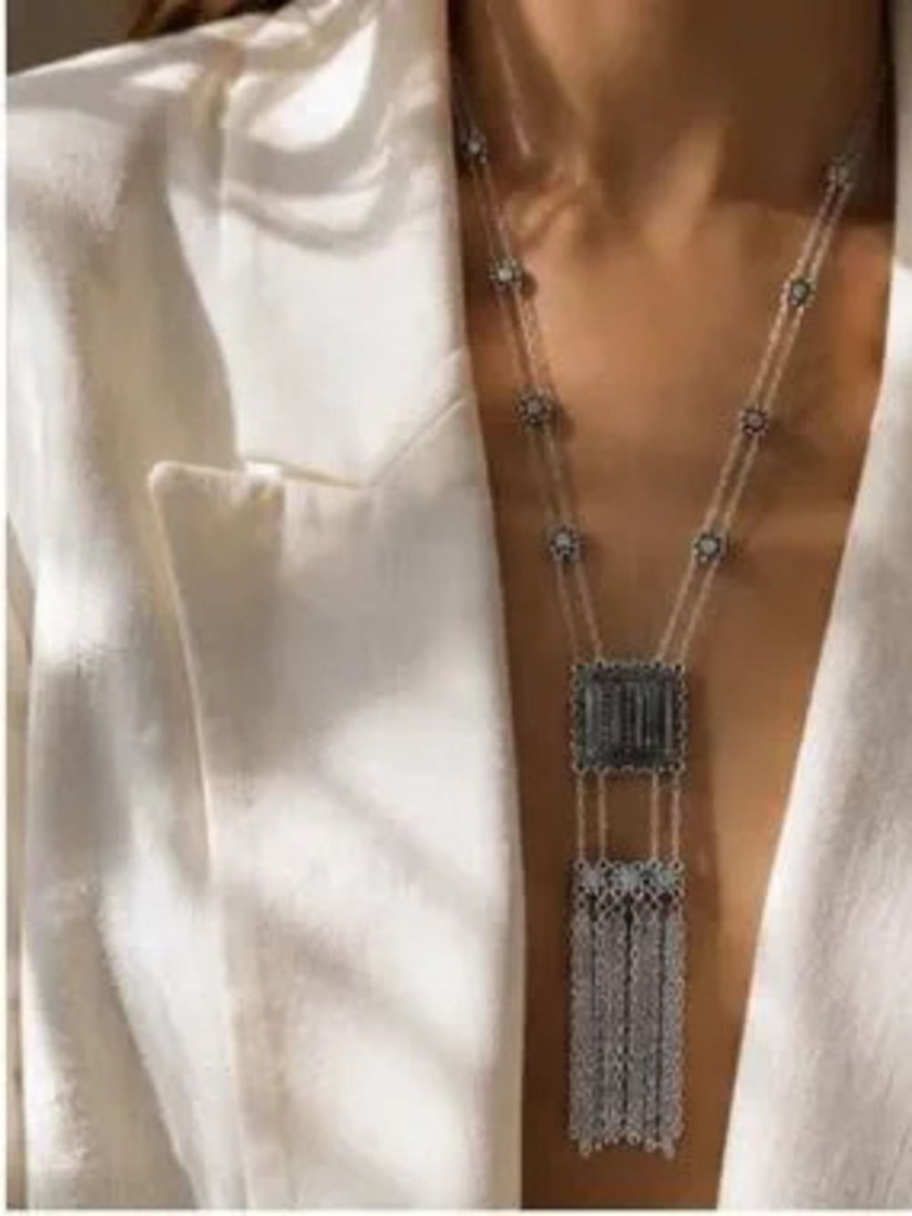 Vintage Silver Beaded Tassel Lariat Necklace